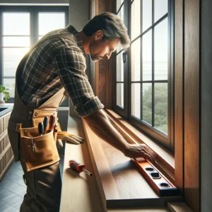 DALL·E 2024 06 11 00.30.27 A detailed interior scene depicting the installation of a wooden windowsill at a window in a contemporary home. The image shows a professional carpent