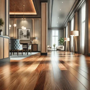DALL·E 2024 08 25 09.26.59 An elegant and professional representation of a flooring company showcasing a beautifully polished wooden floor in a stylish and modern interior. The