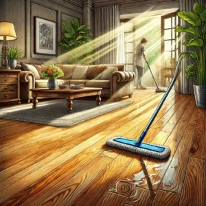 DALL·E 2024 08 27 10.47.27 A detailed and artistic illustration for a blog about maintaining wooden floors. The image should depict a cozy living room with a shiny wooden floor