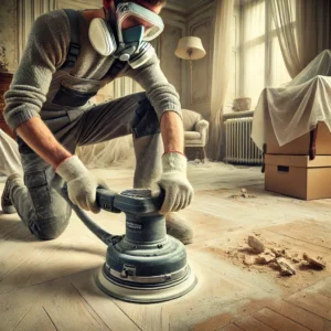 DALL·E 2024 09 01 18.40.58 A detailed scene of floor sanding showing a person using a professional floor sander on a wooden floor. The person is wearing work clothes including