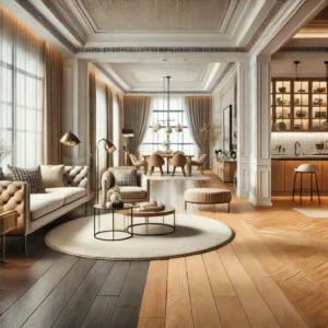 DALL·E 2024 09 06 18.09.36 A sophisticated interior design illustration for a blog showcasing a seamless transition between different wooden flooring styles in a luxurious home