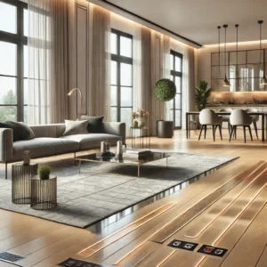 DALL·E 2024 09 08 11.42.04 A sophisticated interior design illustration for a blog showcasing a modern home with innovative flooring solutions. The image should depict an open