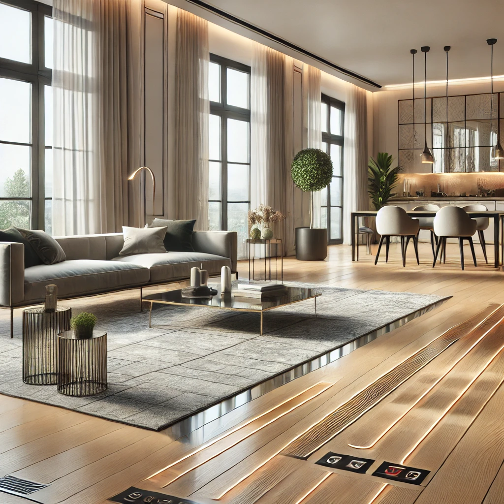 Innowacyjne rozwiązania podłogowe dla nowoczesnych domów 1 DALL·E 2024 09 08 11.42.04 A sophisticated interior design illustration for a blog showcasing a modern home with innovative flooring solutions. The image should depict an open